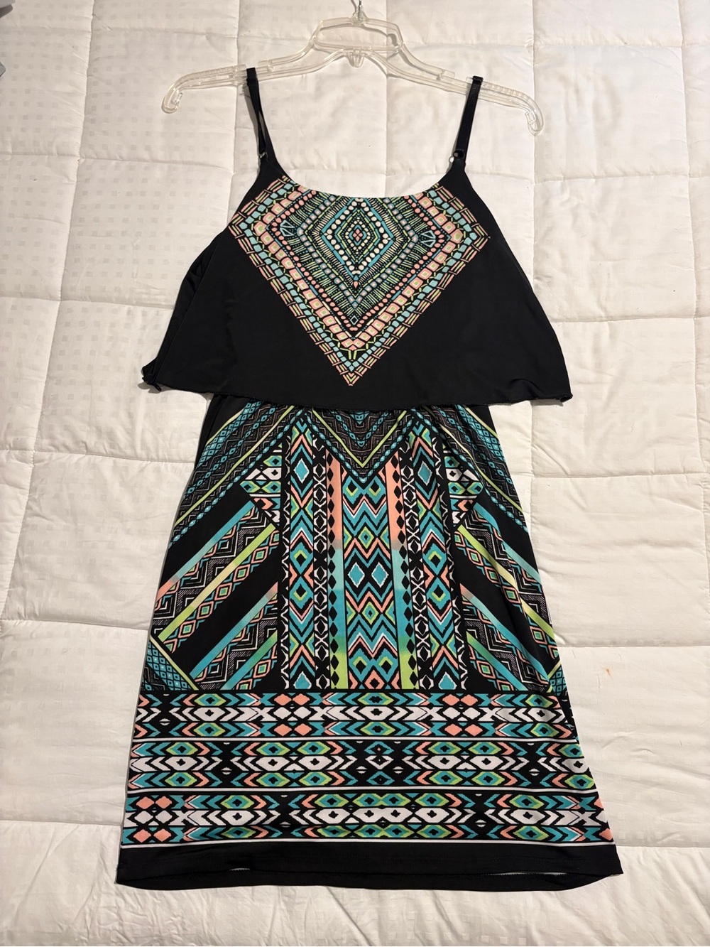Black Tank Dress with Mint, Coral & Teal Aztec Print